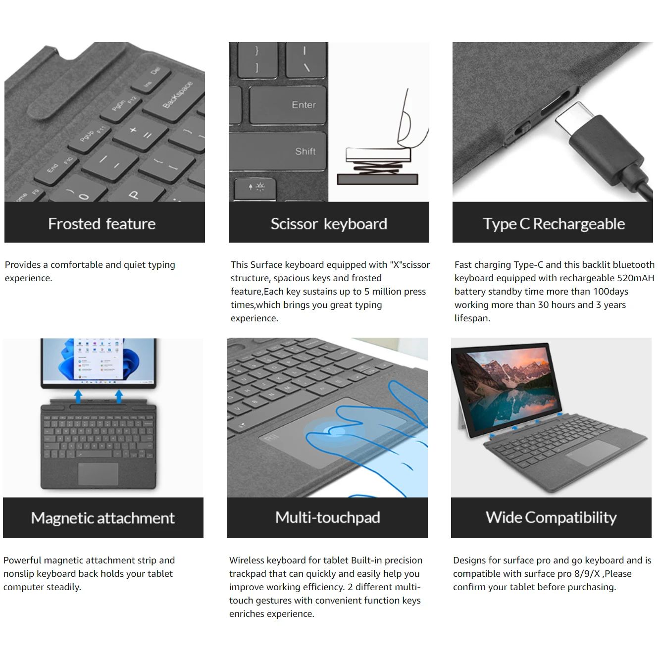 Wireless Bluetooth Keyboard For Microsoft Surface Pro 3 4 5 6 7 7+,Detachable Slim Type Cover Keyboard Trackpad For Surface Pro