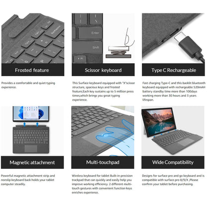 Wireless Bluetooth Keyboard For Microsoft Surface Pro 3 4 5 6 7 7+,Detachable Slim Type Cover Keyboard Trackpad For Surface Pro