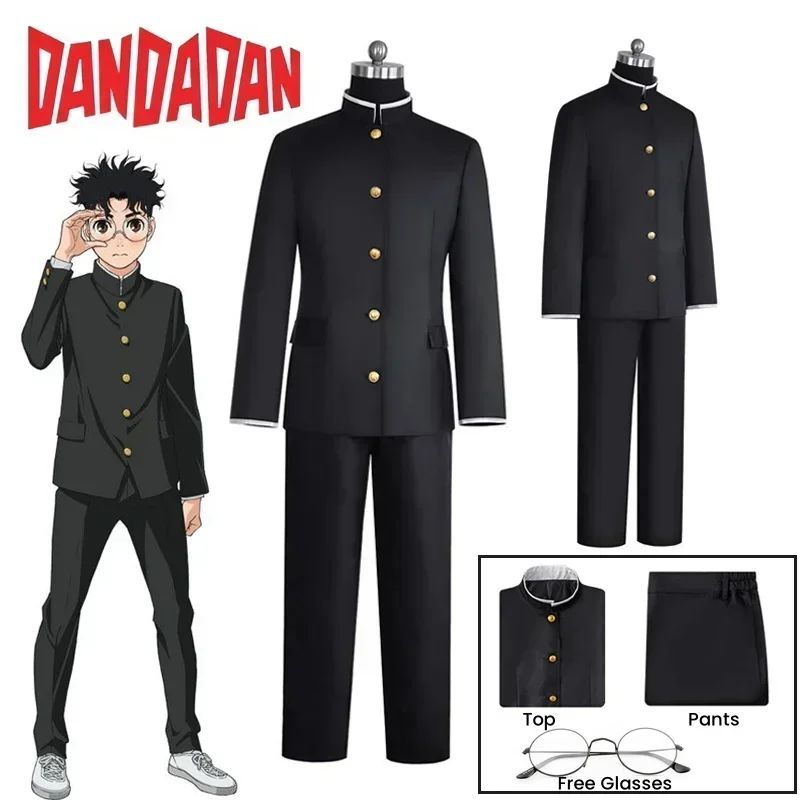 Anime Dandadan Ken Takakura Cosplay Costume Okarun School Uniform Black Jacket Gakuran Outfit Glasses Halloween Unisex Costume