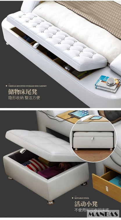 MANBAS Ultimate Bed Frame Tech Smart Multifunctional Bed with Genuine Leather, Massage, USB, Bluetooth Speaker, Tatami & Safe