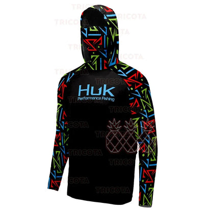 Camisas HUK Fishing Hoodies com Capuz Máscara Protetora para Pesca Roupas de Pesca Masculinas Manga Longa Respirável Proteção UV UPF50+ Camisetas de Pesca