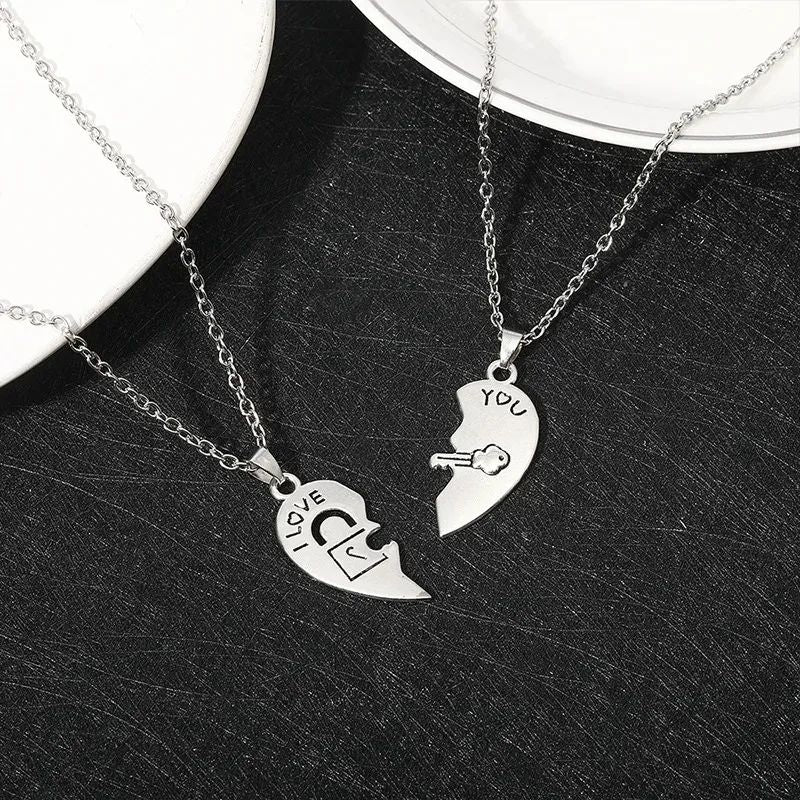 2 Colares para Casal com Pingente de Quebra-Cabeça de Coração "I Love You" com Chave e Cadeado para Namorados, Presente de Dia dos Namorados