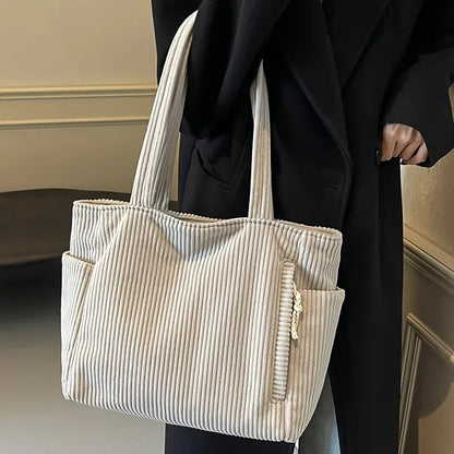 Casual Corduroy Handbag with Zipper Closure Light and Large Capacity Fixed Shoulder Strap Solid Color Daily Commuter Handbag