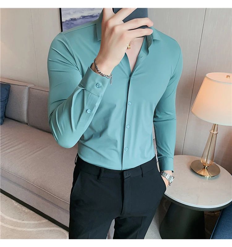 Men's Long Sleeved Elastic Shirt No Ironing Business Wear Professional Workwear Stand Up Collar Shirt Casual Solid Color Shirt