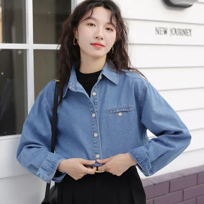 2024 New Vintage Loose-Fit Denim Shirt Women's Petite Top Commuter Jacket Fashionable Through-The-Year Style