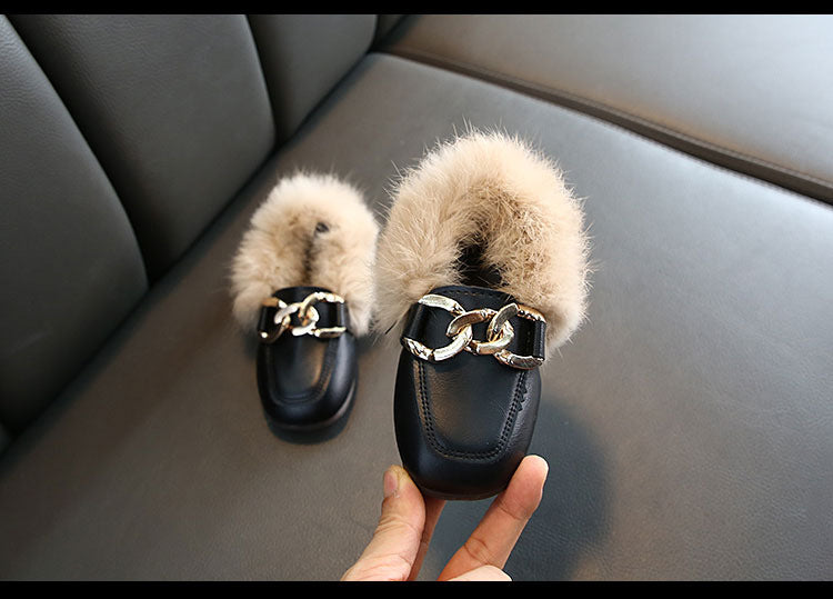 Kids Fur Shoes Children Velvet Shoes Baby Girls Warm Flats Toddler Black Brand Shoes Princess Loafer Chain Moccasin For Winter