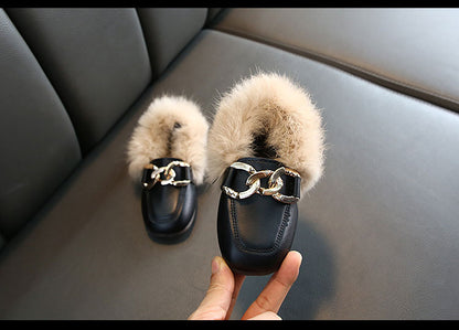 Kids Fur Shoes Children Velvet Shoes Baby Girls Warm Flats Toddler Black Brand Shoes Princess Loafer Chain Moccasin For Winter