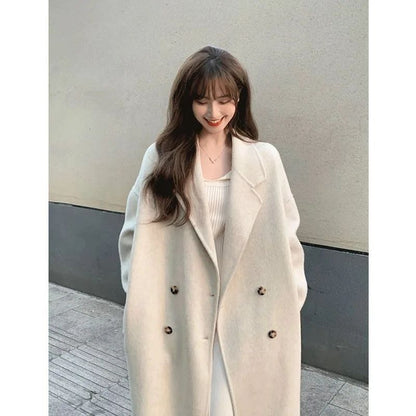 Winter Long Pink Woolen Coat French Hepburn Style Loose Casual Slimming Knee-Length Tweed Outerwear Women's Fashion