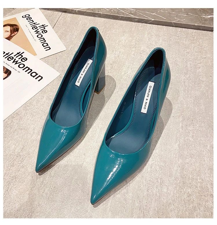 Women Shoes Patent Leather Slip-On Chunky Heels High Heels Women Temperament Pointed Toe Shallow Sexy Wedding Shoes Pumps