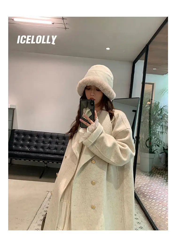 Light Grey Woolen Coat Women's Long Loose Korean Style Fashionable Autumn Winter New Arrival Polyester Fiber Full Sleeve
