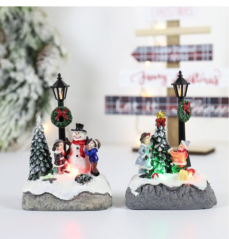 LED Christmas Village Ornaments Microlandscape Resin Figurines Decoration Santa Claus Pine Needles Snow View Holiday Gift