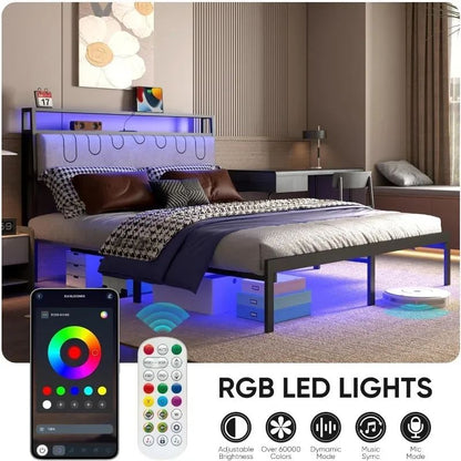 Black Platform Bed Full-Size, Charging Station & LED Lights - Double Storage Headboard for Room