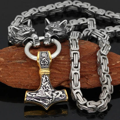 Colar Pingente Martelo Viking Nórdico Retrô Elegante e Requintado com Cabeça de Lobo para Presente de Joias Masculinas Personalizadas