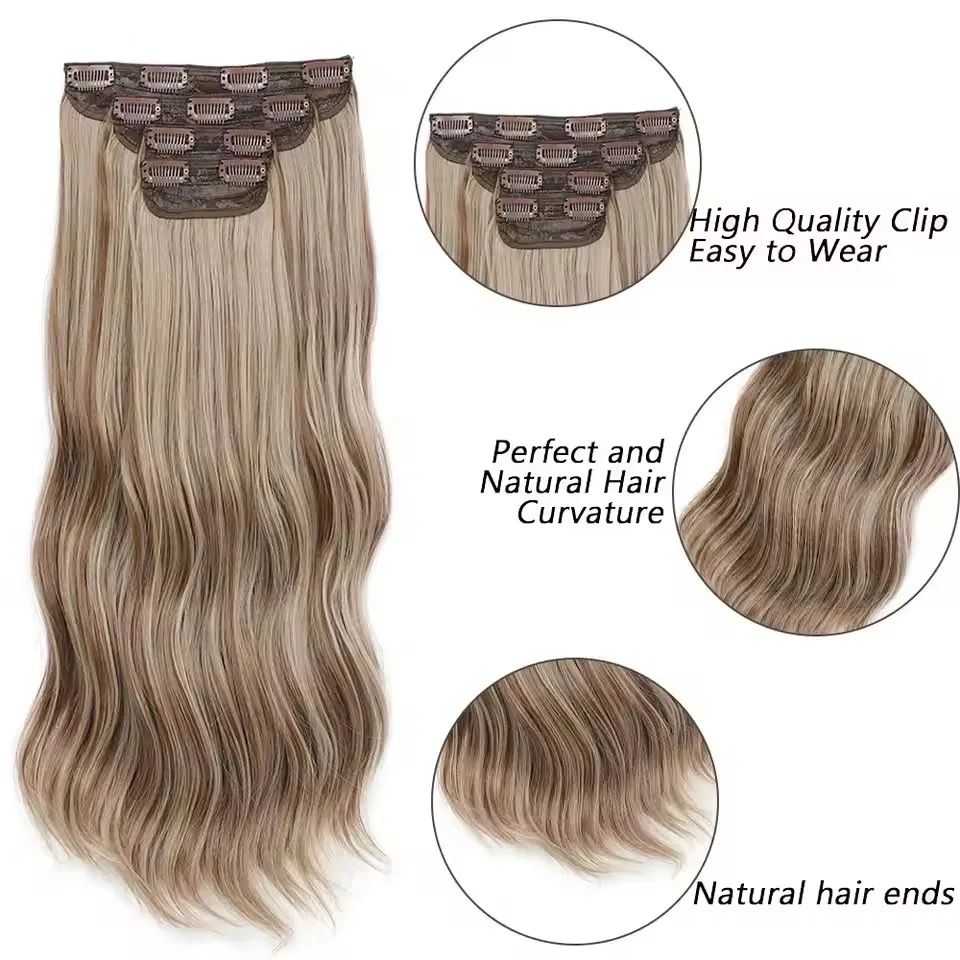 Apliques de cabelo sintéticos ondulados loiros 27/613 de 61 cm (24 polegadas) com presilhas brancas, 4 peças/lote, 220g, fibra resistente ao calor