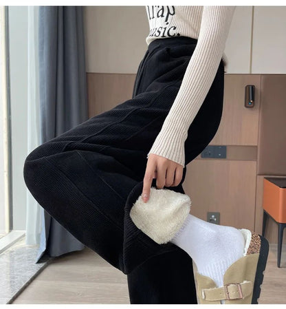 Winter Fleece Thickened High Waist Warm Trousers for Women Solid Color Loose Elastic Waist Straight Casual Pants