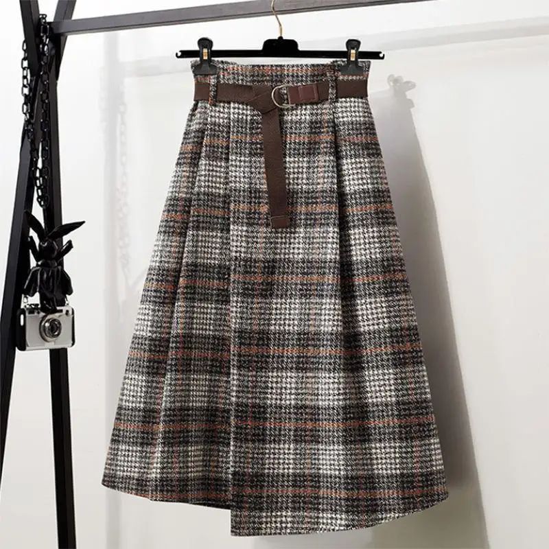 WoolenPlaid Irregular Large-Length Skirt New Spring-Autumn Vintage High-Waisted Slimming Medium-Length Women's Skirt