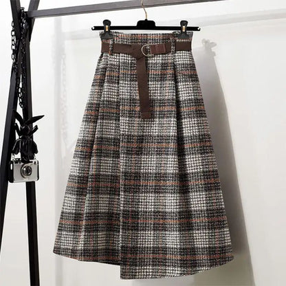 WoolenPlaid Irregular Large-Length Skirt New Spring-Autumn Vintage High-Waisted Slimming Medium-Length Women's Skirt