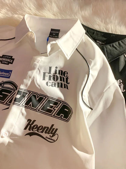 Cargo Short-sleeved Shirt New Summer Youth Casual Lapel Button Up Blouse Men Women Hip Hop Letter Print Racing Tee