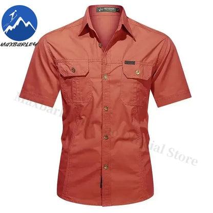 New Mens Work Shirt Casual Retro 100% Cotton Short Sleeve Flying Cargo Shirt Man Summer Fishing Hunting Multi Pocket Shirt 2025