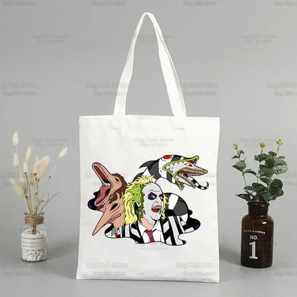 Beetlejuice Horror Gift Shopping Bag Print Original Design White Unisex Fashion Travel Canvas Bags