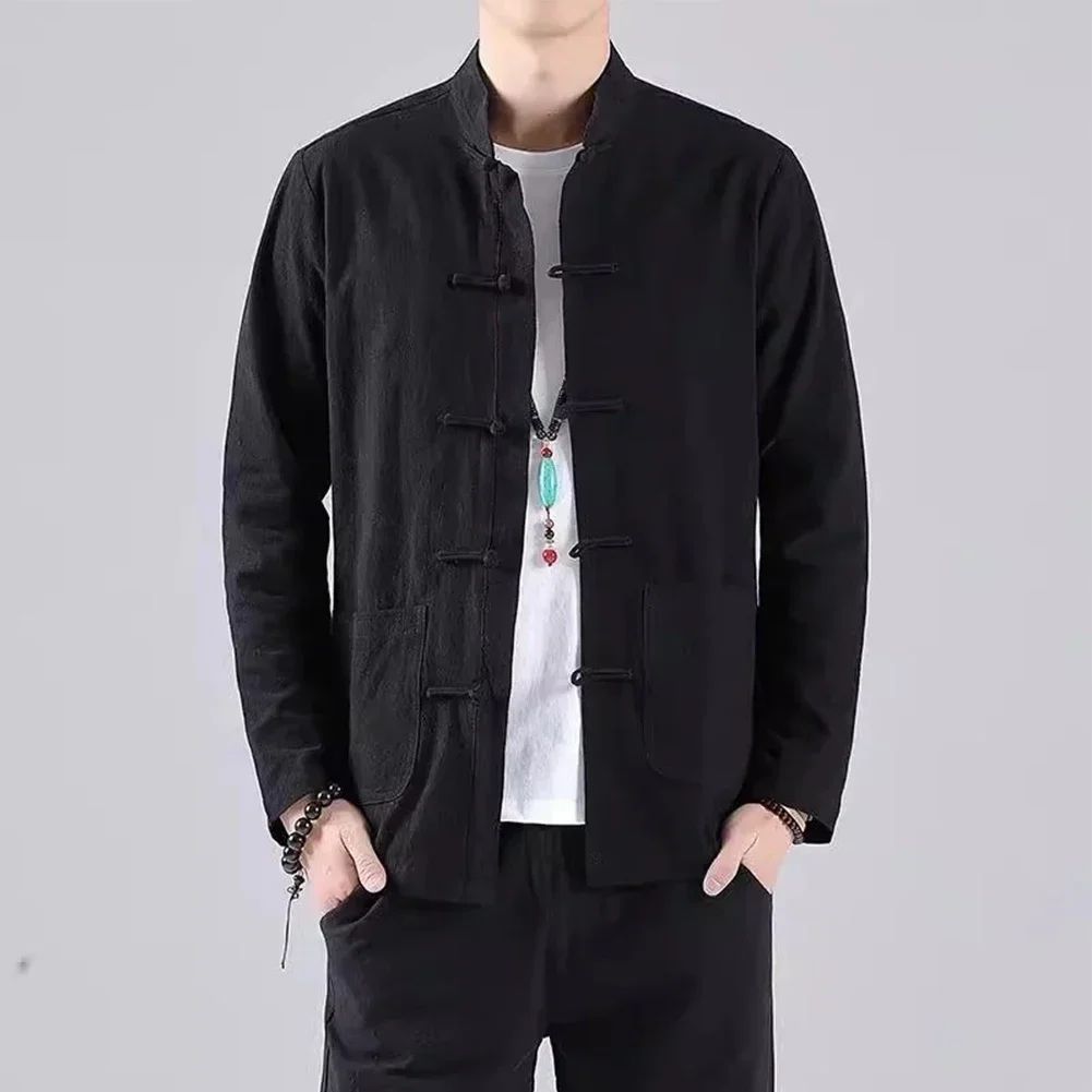 Casual Men's Chinese Style Linen Shirts Stand Collar Traditional Kung Fu Tai Chi Shirt Coat Tang Suit Uniform Jacket Men Clothes