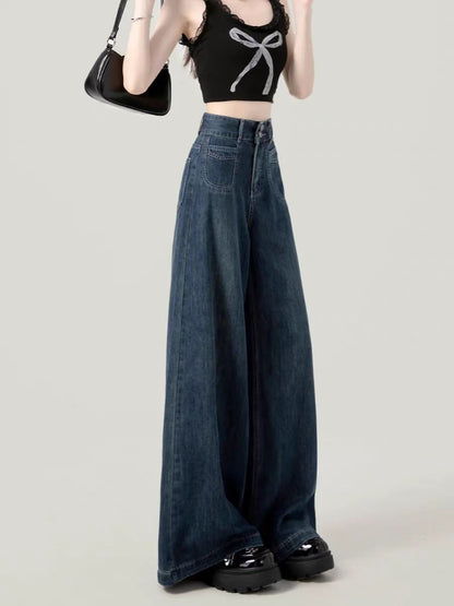 Casual Womens Jeans Autumn Winter High Waist Wide Leg Loose Trousers Vintage Heavyweight Lazy Drape Straight Long Pants