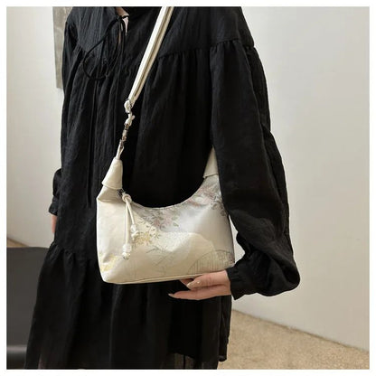 Sweet Embroidery Shoulder Bag Nylon Texture Pearl Pendant Crossbody Bag Small Bucket Handbag Women Canvas Luxury Cheongsam Bag