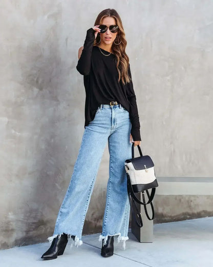 Women Denim Tassel Wide Leg Pants Jeans Washing Loose Fit Mid Waist Pockets Zipper Fly Solid Color Ankle Length Pants Basics