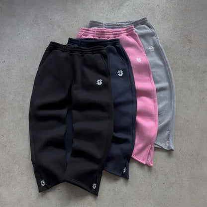 Calça Moletom Bordada Su Jogger Hip Hop Rosa Casual Cintura Elástica Masculina Americana Marinho Y2K Moeda Berlim Street Estilo Anos 2000