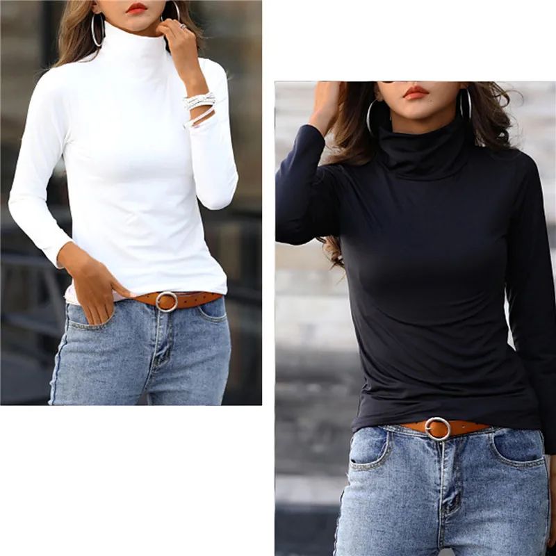 Women Thermal Underwear Winter Turtleneck Bottom Shirt Solid Semi High Collar Long Sleeve Basic T-Shirt Heating Fiber Pullovers