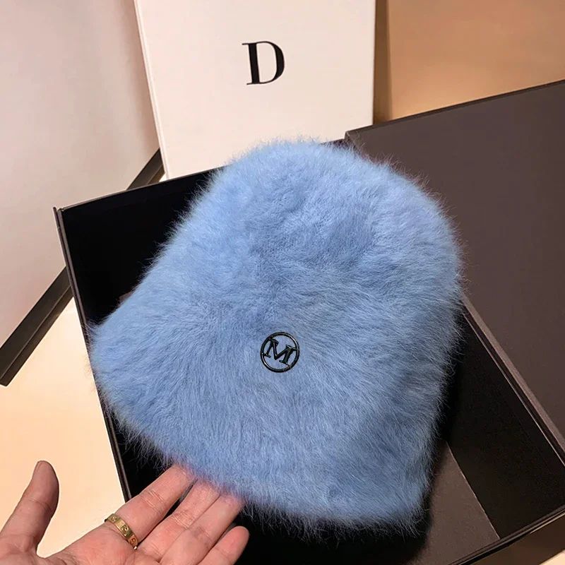 Coreia Designer M Bucket Hat Feminino Quente Pelúcia Angola Coelho Pelo Chapéu Senhora Outono Inverno Ins Moda Chapéu Bacia Retrô Fofo Panamá