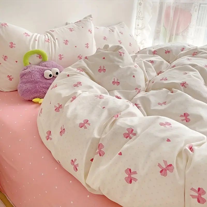 3pcs Pink Bow Duvet Cover Set with 2 Pillowcases, Cozy and Breathable Quilt Cover Suitable for All Seasons