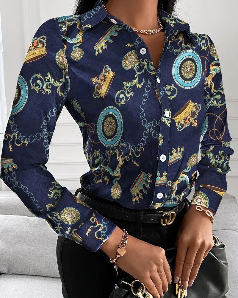 Summer New Women's Long-sleeved Shirt, Single-breasted Printed Shirts Fashion Casual Tops Camisa Female Chemise S-XXL