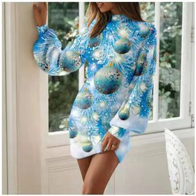 Vintage Christmas Printing Women Party Dress Autumn Fashion Half High Collar Lantern Long Sleeve Dresses Lady Bodycon Vestidos