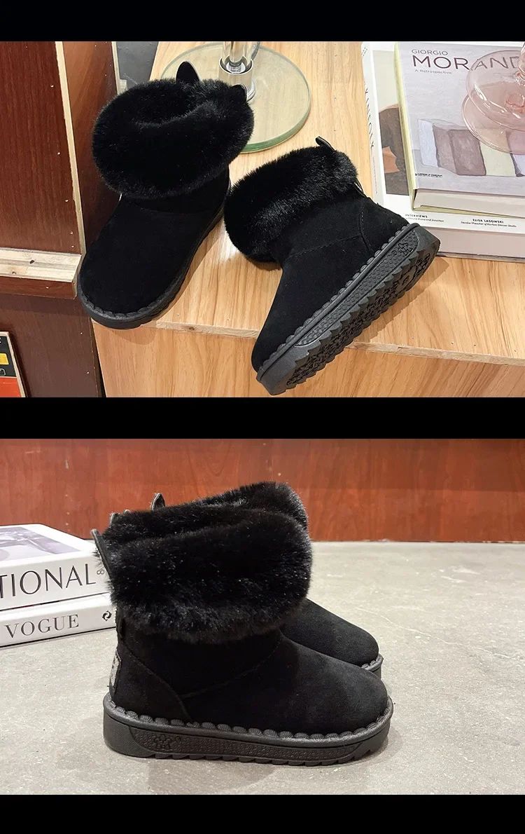 Kids Genuine Cowhide Snow Boots Winter Baby Soft Warm Cotton Shoes with Plush Boys Girls One Fur Suede Boots Princess Retro Boot