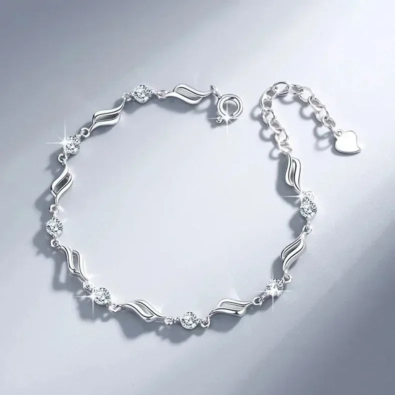 Pulseira de Luxo Coração Vazado Prata 925 Zircônia para Mulheres Joias de Festa Presentes de Moda Coreana Doce e Estilosa
