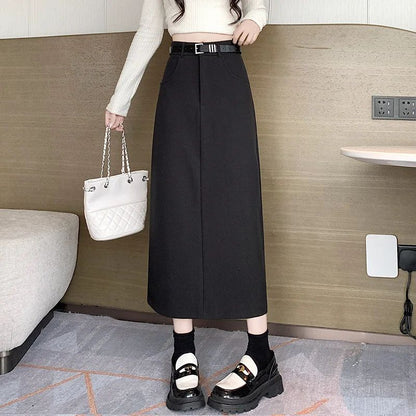Grey High-waisted A- line Skirt Half Dress Petite Long Dress Autumn/winter For Women Side Slit Workwear