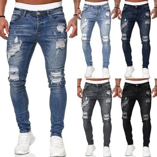 New Style Men's Hip Hop Slim Fit Jeans You And Smooths Your Silhouette Ripped Small Footwear Amazon WISH Badge Plus Size Jeans N
