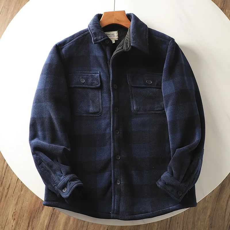 Mens Winter Fleece Linend Warm Plaid Shirt Jacket Casual Long Sleeve Flannel Checked Shirt Men Western Cowboy Button Up Tops