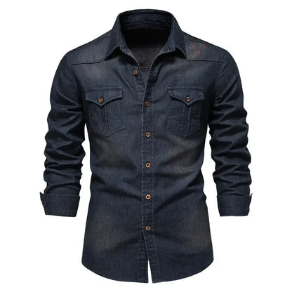 2025 Brand Elastic Cotton Denim Shirt Men Long Sleeve Quality Cowboy Shirts for Men Casual Slim Fit Mens Designer Clothing