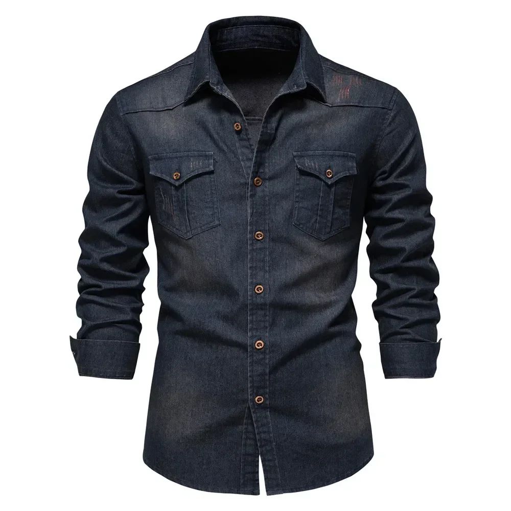 2025 Brand Elastic Cotton Denim Shirt Men Long Sleeve Quality Cowboy Shirts for Men Casual Slim Fit Mens Designer Clothing