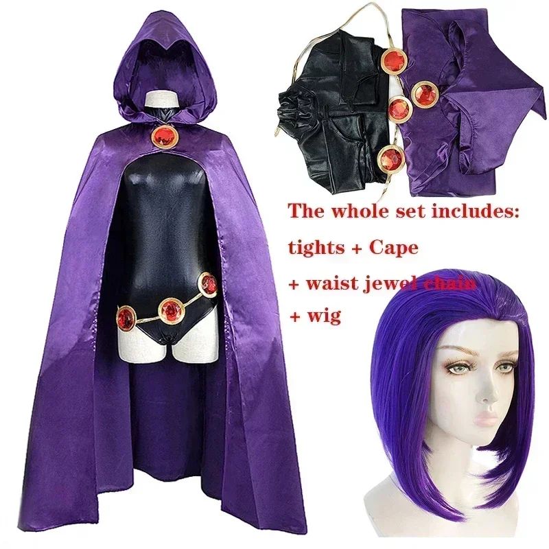 Teen  Raven Cosplay Costume Superhero Cloak Jumpsuits  Halloween Tight clothes + Cape + waist jewelry chain