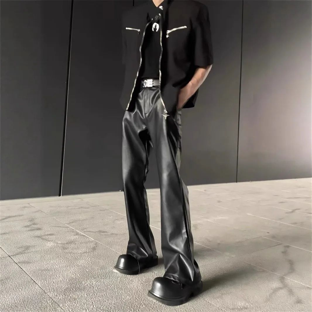 American Retro High-End PU Leather Casual Pants Men's Niche Design Loose Wide Leg Versatile Long Trousers