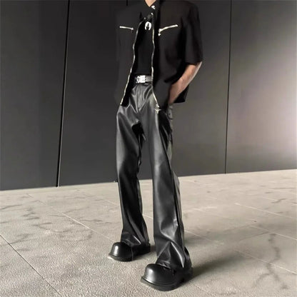 American Retro High-End PU Leather Casual Pants Men's Niche Design Loose Wide Leg Versatile Long Trousers