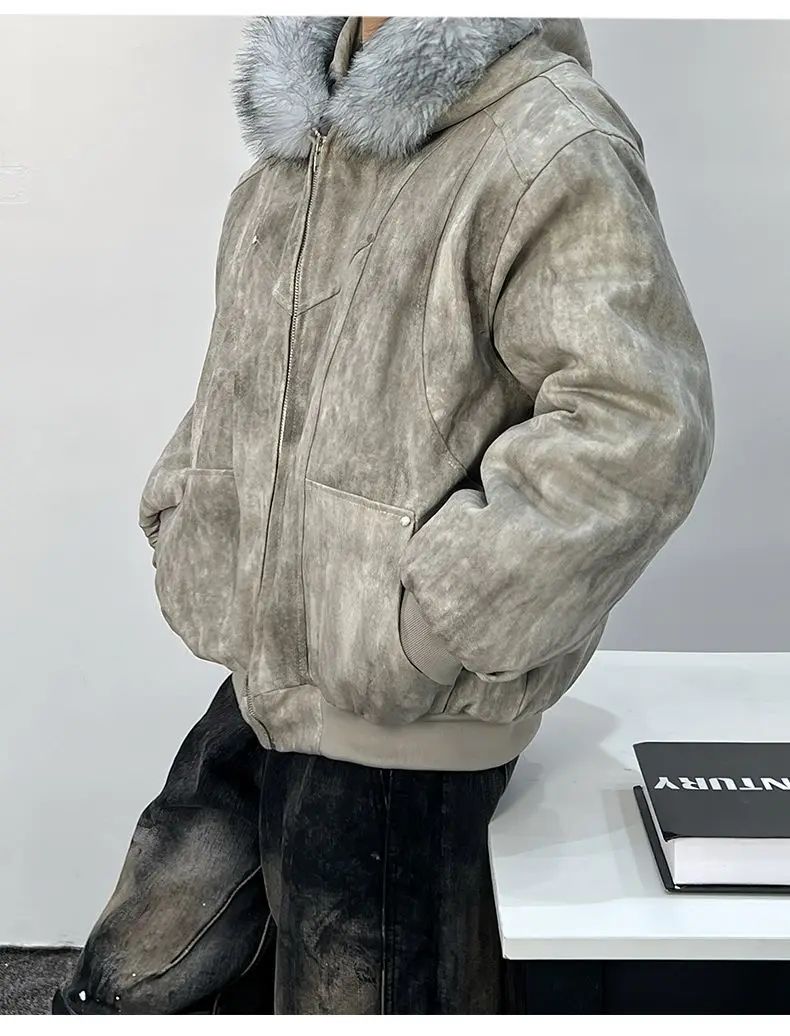 Cotton jacket with fur collar eagle embroidered and tie-dyeed winter men's design outdoor jacket thick and comfortable