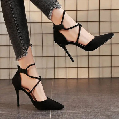 New Cross-strap Roman Sandals Suede High Heels Women's Shoes One-line Buckle Fine Heel Pointed Sandals Zaptos Mujer