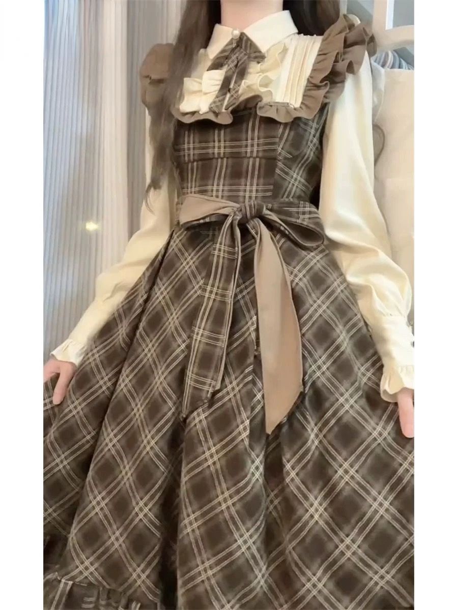 French Vintage Midi Dress Women Casual Evening Party Plaid Dress Office Lady Out