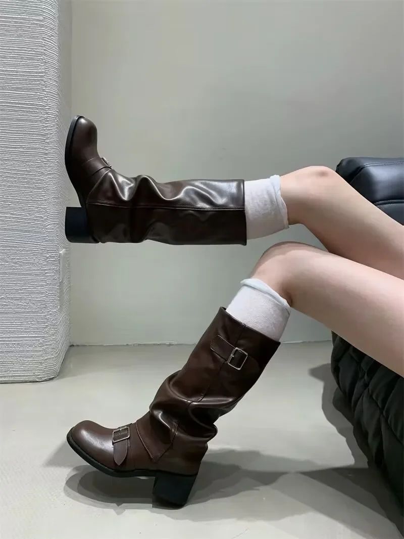Woman Boots Knee High Platform Chunky Heels Trend Punk Gothic New Rock Leather Fashion Women's Shoes Motorcycle Footwear Q221