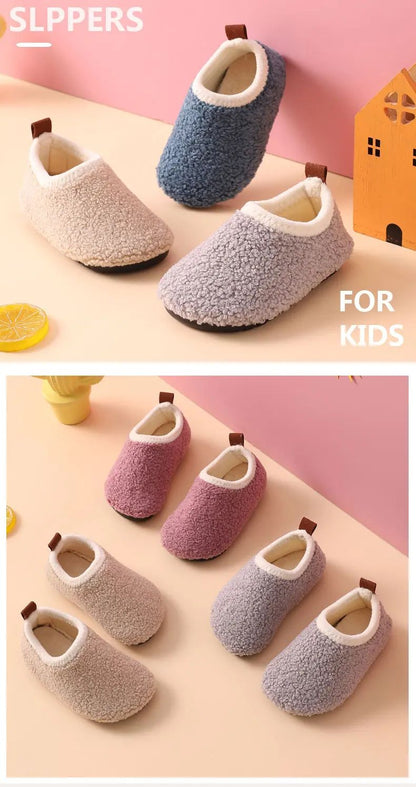 Children Cotton Slippers Solid Warm Kids Winter Home Shoes Boys Girls Plush Floor Shoes Indoor Soft Sole Anti-slip Cotton Shoes
