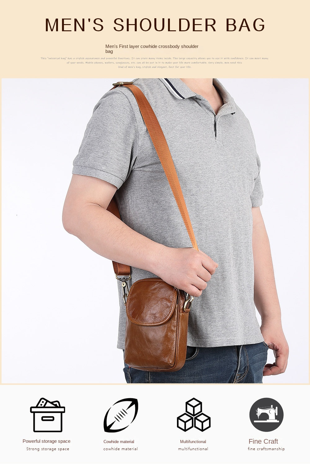 New Men's Cow Leather Crossbody Bag Man Shoulder Bag Casual Male Small Simple Bag For Men